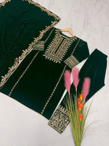 🦋 Đěsigner Party Wear Look Heavy Pure Viscose Velvet Top Bottom & Dupatta Set