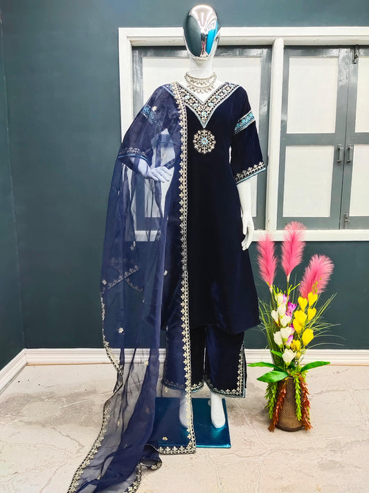 🦋 Đěsigner Party Wear Look Heavy Pure Viscose Velvet Top Plazzo Pent & Dupatta Set