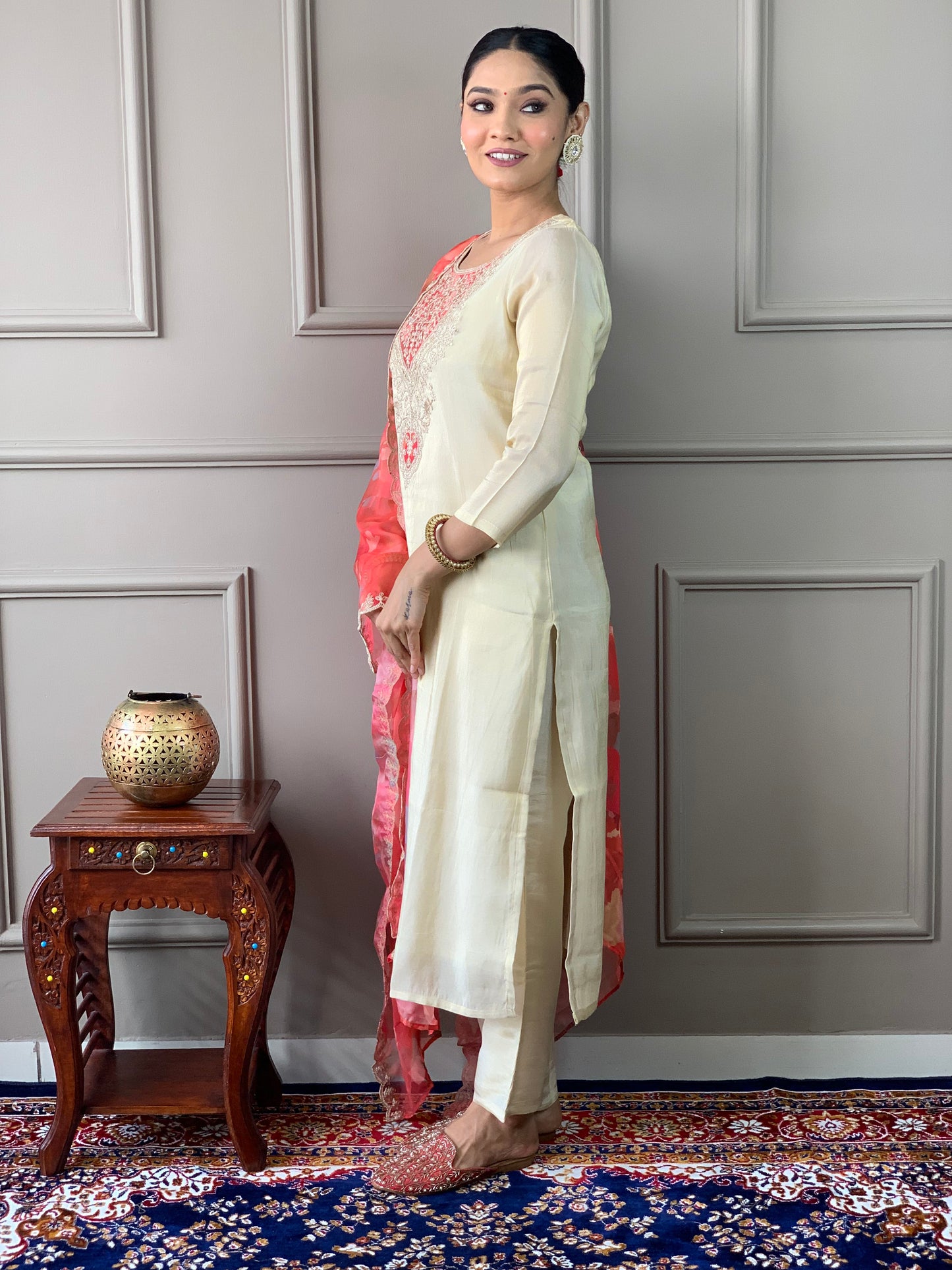 women's cream gold chanderi silk with lining embroidered straight kurta with gold chanderi silk pant and silk printed dupatta sets