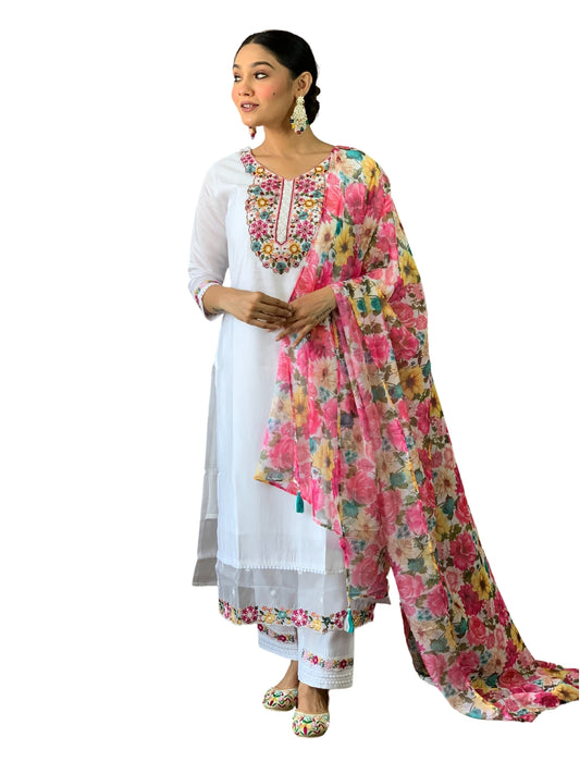 Women's Off White Chanderi with Cotton Lining Embroidered Straight Kurta with Chanderi Silk Pant And Crep Silk Printed Dupatta Sets