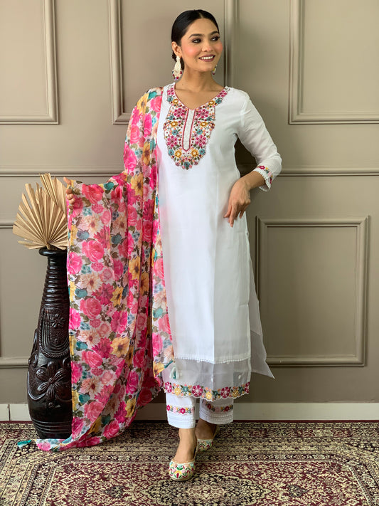 Women's Off White Chanderi with Cotton Lining Embroidered Straight Kurta with Chanderi Silk Pant And Crep Silk Printed Dupatta Sets