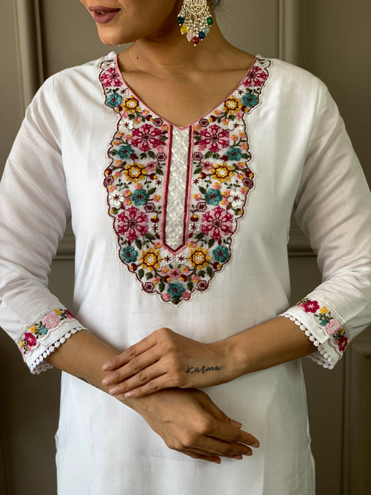 Women's Off White Chanderi with Cotton Lining Embroidered Straight Kurta with Chanderi Silk Pant And Crep Silk Printed Dupatta Sets