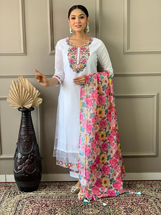 Women's Off White Chanderi with Cotton Lining Embroidered Straight Kurta with Chanderi Silk Pant And Crep Silk Printed Dupatta Sets