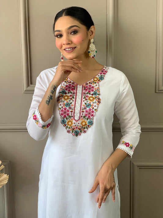 Women's Off White Chanderi with Cotton Lining Embroidered Straight Kurta with Chanderi Silk Pant And Crep Silk Printed Dupatta Sets