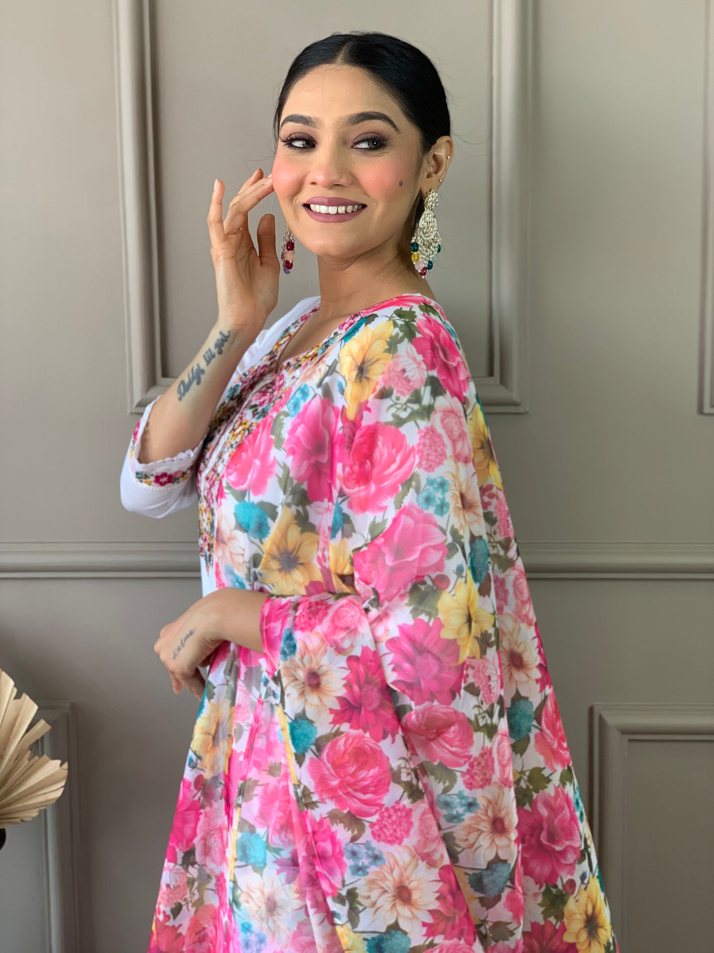 women's off white chanderi with cotton lining embroidered straight kurta with chanderi silk pant and crep silk printed dupatta sets