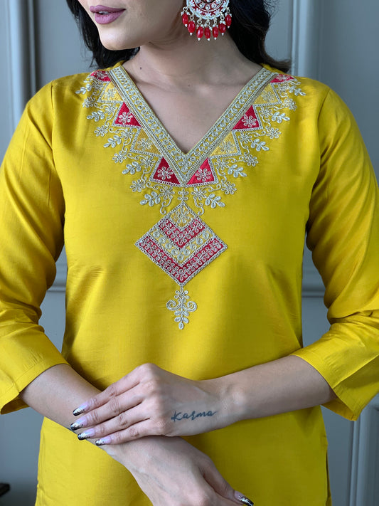 Women's Mustard Chanderi With full Cotton Lining Embroidered Straight Kurta with Chanderi Pant And Viscose Jacquard Dupatta Sets