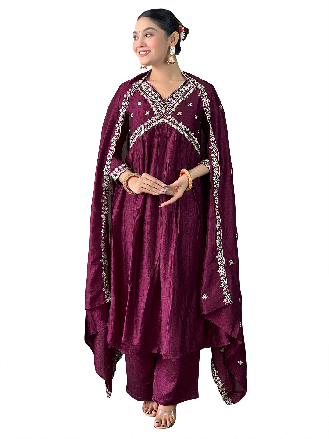 women's wine vichitra silk embroidered flared kurta with viscose silk pant and chinon embroidered laced dupatta sets