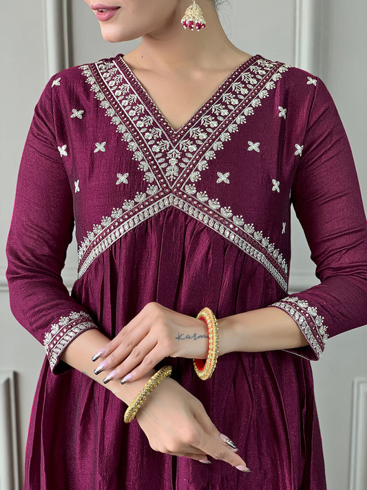 Women's Wine Vichitra Silk Embroidered Flared Kurta with Viscose Silk Pant And Chinon Embroidered Laced Dupatta Sets
