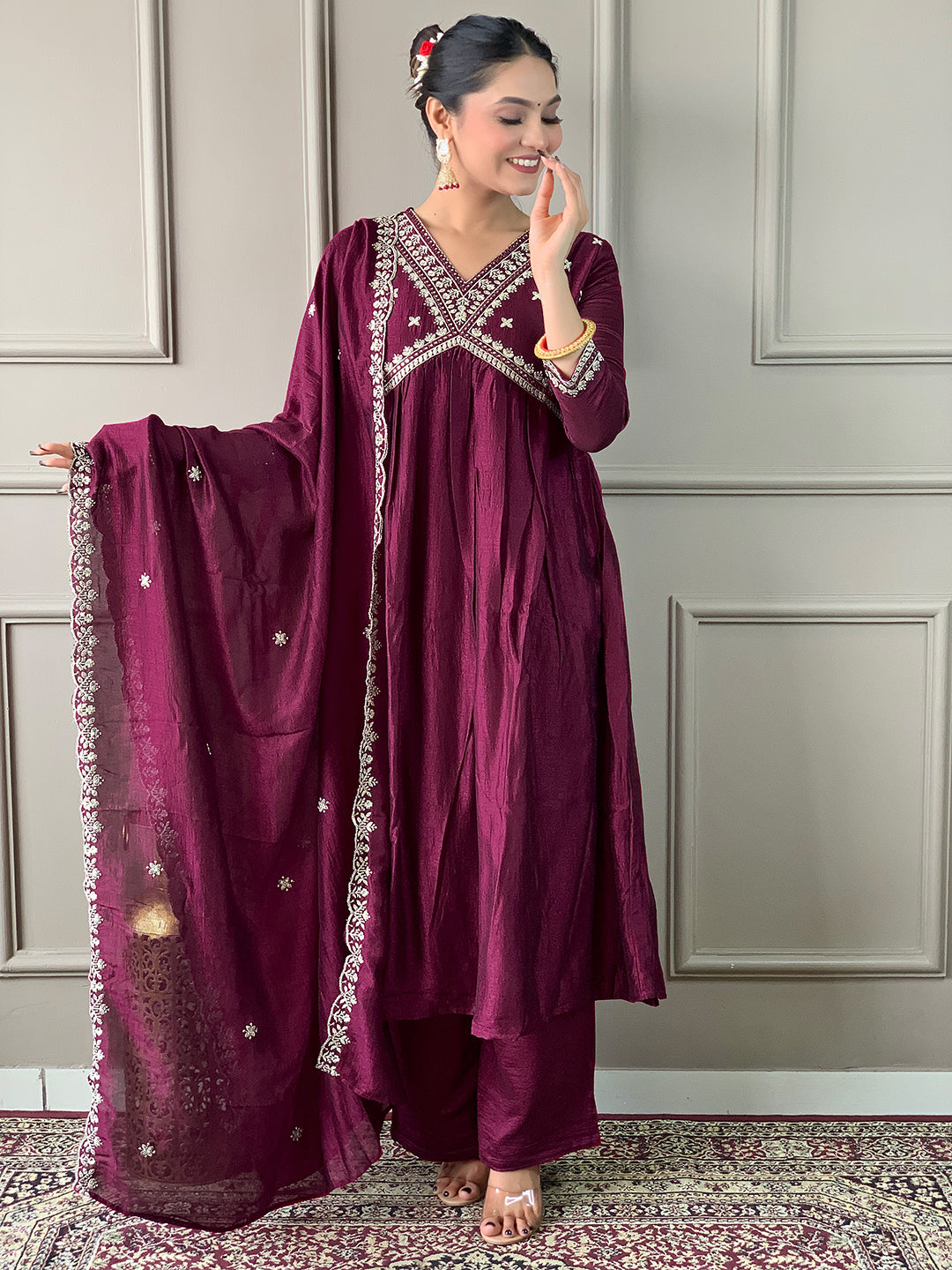 women's wine vichitra silk embroidered flared kurta with viscose silk pant and chinon embroidered laced dupatta sets
