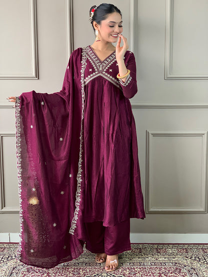 Women's Wine Vichitra Silk Embroidered Flared Kurta with Viscose Silk Pant And Chinon Embroidered Laced Dupatta Sets