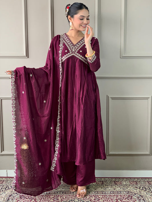 Women's Wine Vichitra Silk Embroidered Flared Kurta with Viscose Silk Pant And Chinon Embroidered Laced Dupatta Sets
