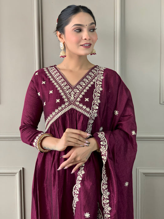 Women's Wine Vichitra Silk Embroidered Flared Kurta with Viscose Silk Pant And Chinon Embroidered Laced Dupatta Sets