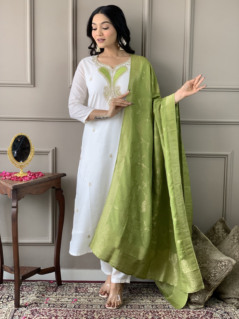women's off white viscose blend  with  embroidered straight kurta with viscose blend  pant and viscose jacquard   dupatta sets