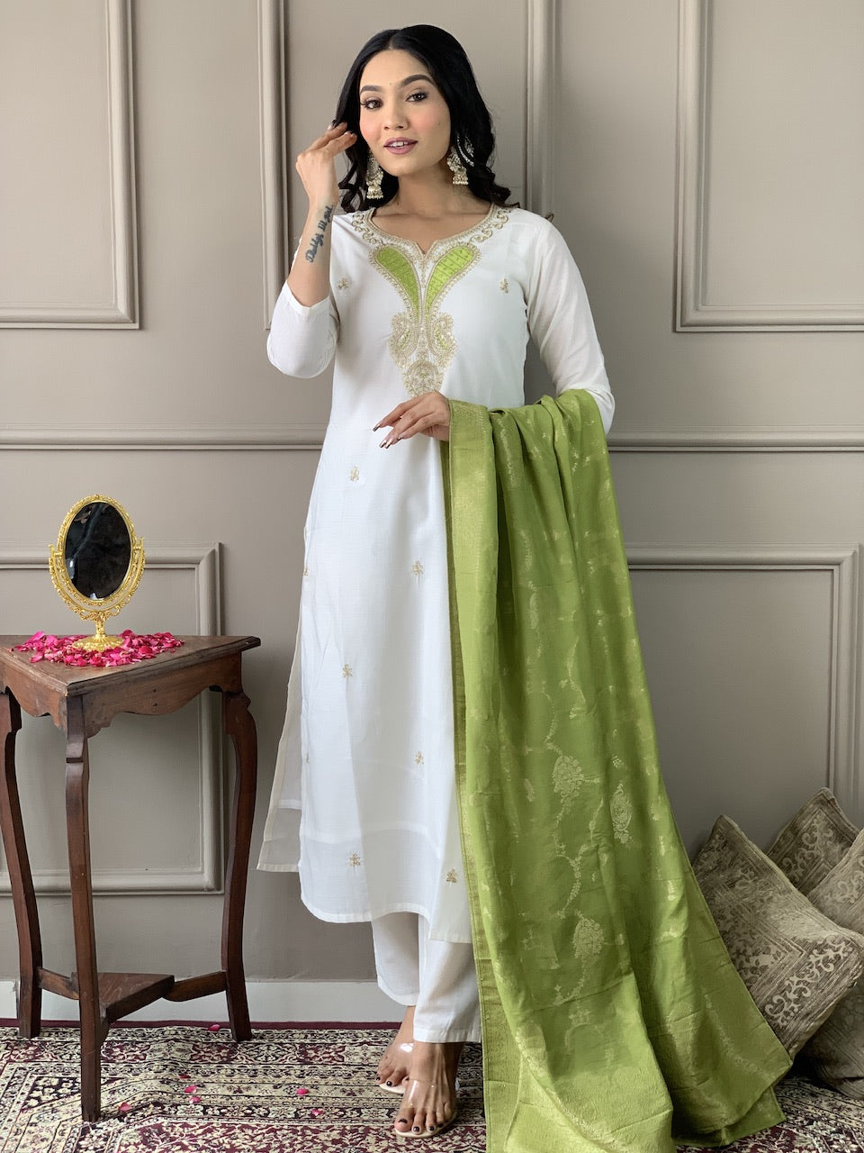 women's off white viscose blend  with  embroidered straight kurta with viscose blend  pant and viscose jacquard   dupatta sets