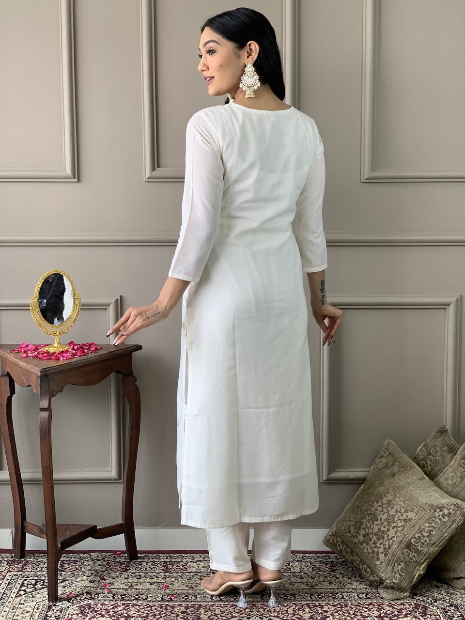 women's off white viscose blend  with  embroidered straight kurta with viscose blend  pant and viscose jacquard   dupatta sets