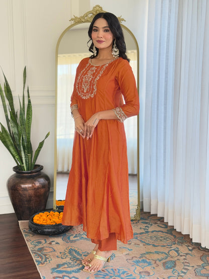 Women's Orange Vichitra Silk Embroidered Straight Kurta with Vichitra Silk Pant And Organza Embroidered Dupatta Sets
