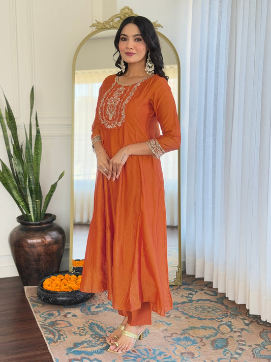 Women's Orange Vichitra Silk Embroidered Straight Kurta with Vichitra Silk Pant And Organza Embroidered Dupatta Sets