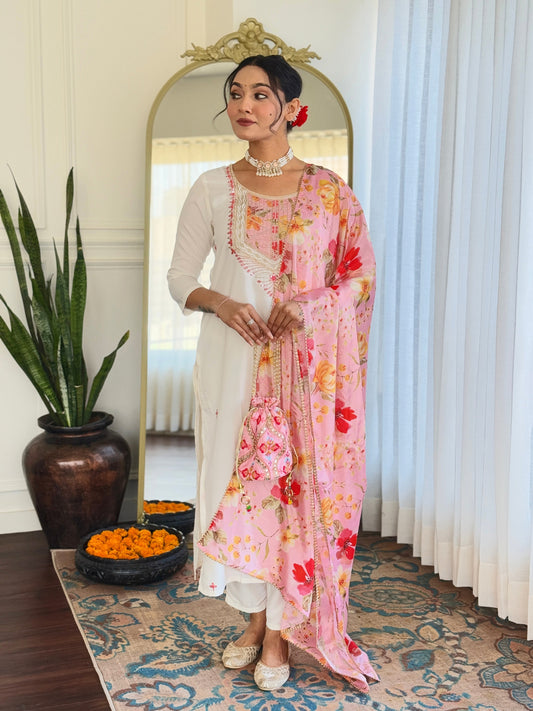 Women's Off White Rayon with Inner Embroidered Straight Kurta with Rayon Pant And Silk Chiffon Laced Dupatta Sets