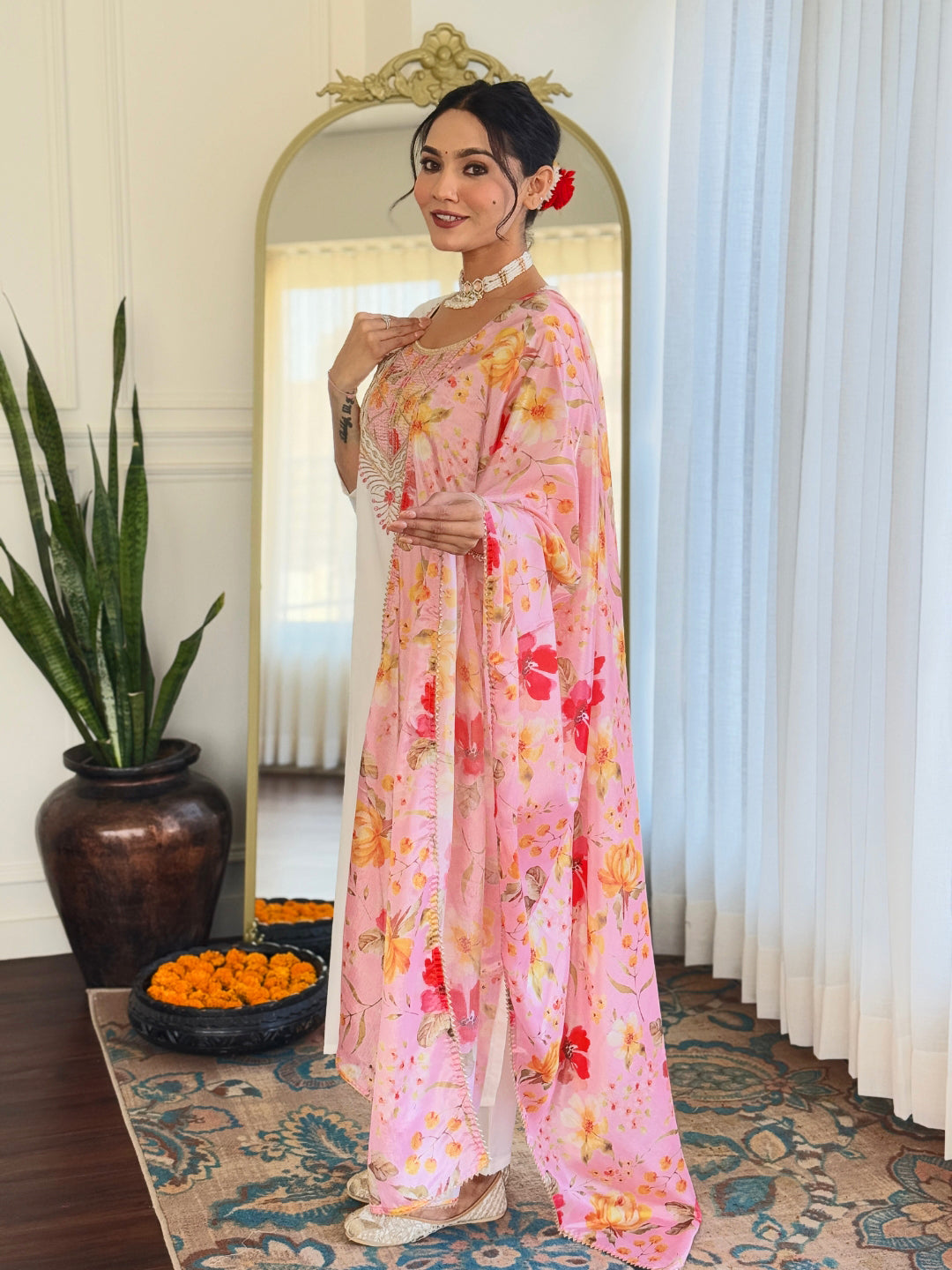 women's off white rayon with inner embroidered straight kurta with rayon pant and silk chiffon laced dupatta sets