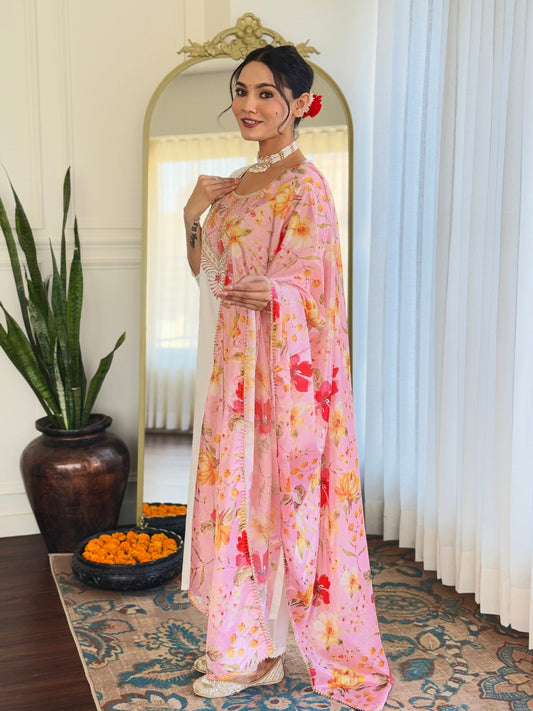 Women's Off White Rayon with Inner Embroidered Straight Kurta with Rayon Pant And Silk Chiffon Laced Dupatta Sets