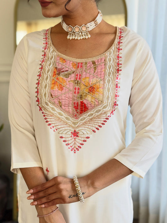 Women's Off White Rayon with Inner Embroidered Straight Kurta with Rayon Pant And Silk Chiffon Laced Dupatta Sets