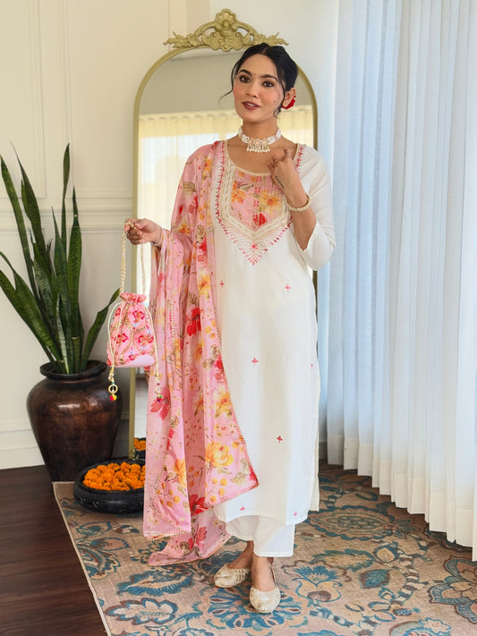 Women's Off White Rayon with Inner Embroidered Straight Kurta with Rayon Pant And Silk Chiffon Laced Dupatta Sets