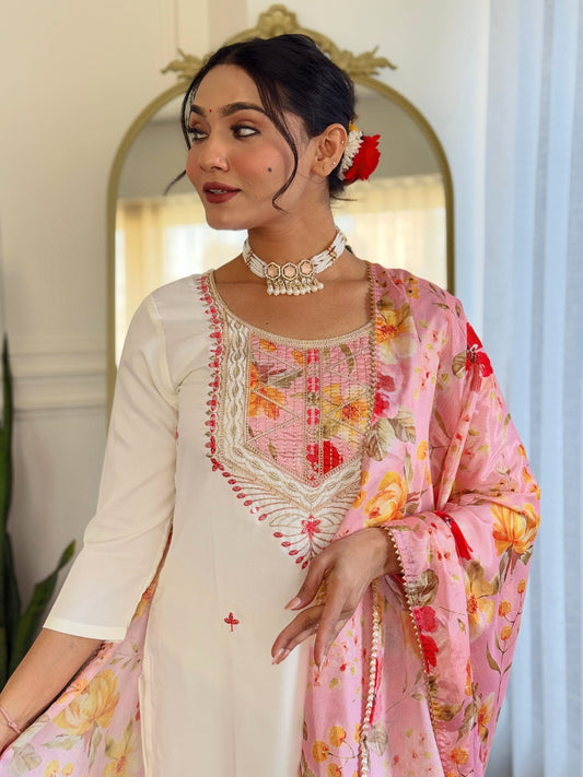 Women's Off White Rayon with Inner Embroidered Straight Kurta with Rayon Pant And Silk Chiffon Laced Dupatta Sets