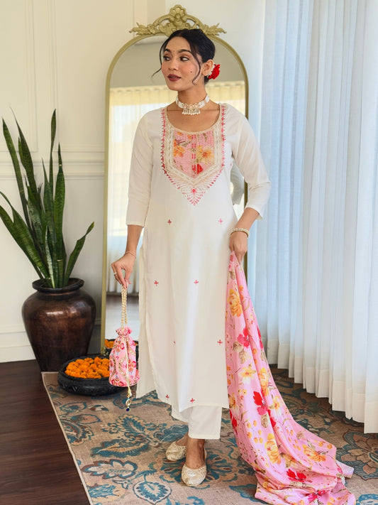 Women's Off White Rayon with Inner Embroidered Straight Kurta with Rayon Pant And Silk Chiffon Laced Dupatta Sets