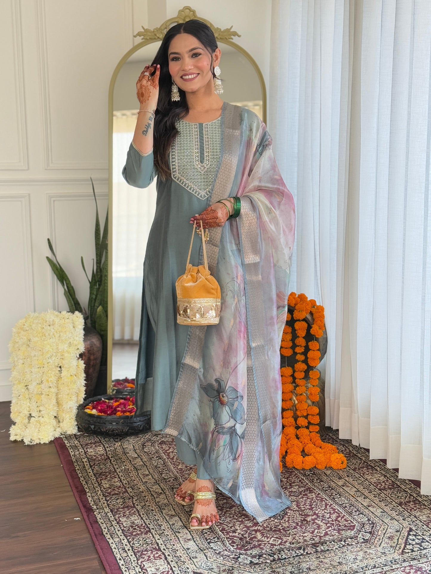 women's pista bsy viscose embroidered straight kurta with bsy viscose pant and organza printed dupatta sets