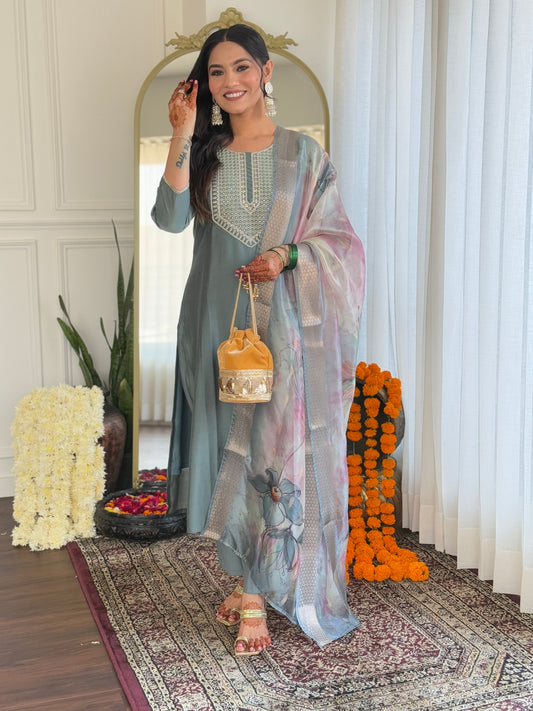 Women's Pista BSY Viscose Embroidered Straight Kurta with BSY Viscose Pant And Organza Printed Dupatta Sets