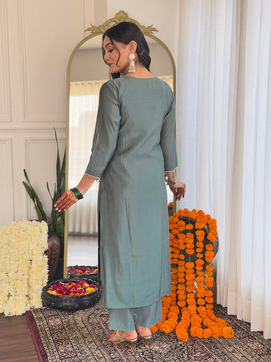 Women's Pista BSY Viscose Embroidered Straight Kurta with BSY Viscose Pant And Organza Printed Dupatta Sets