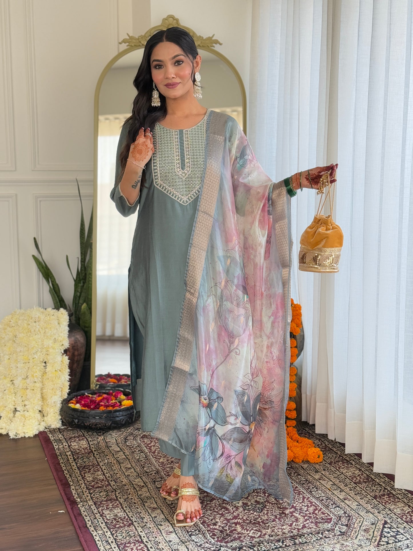 women's pista bsy viscose embroidered straight kurta with bsy viscose pant and organza printed dupatta sets