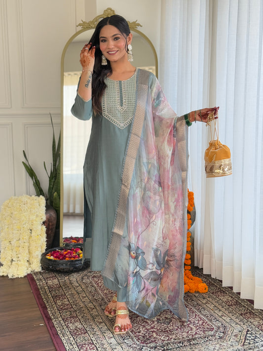 Women's Pista BSY Viscose Embroidered Straight Kurta with BSY Viscose Pant And Organza Printed Dupatta Sets
