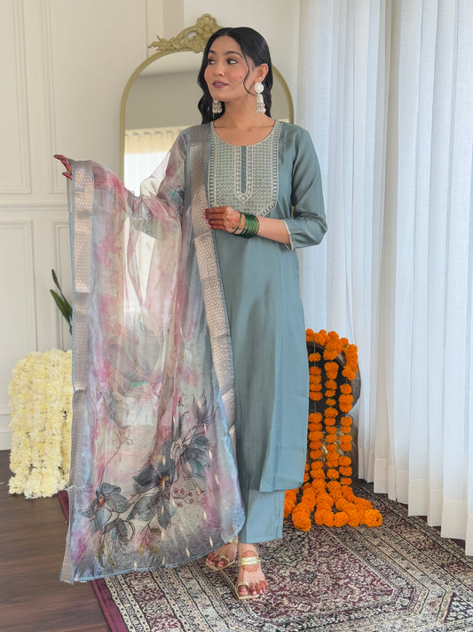 Women's Pista BSY Viscose Embroidered Straight Kurta with BSY Viscose Pant And Organza Printed Dupatta Sets