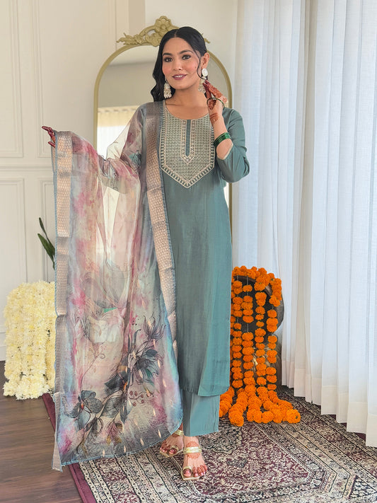 Women's Pista BSY Viscose Embroidered Straight Kurta with BSY Viscose Pant And Organza Printed Dupatta Sets