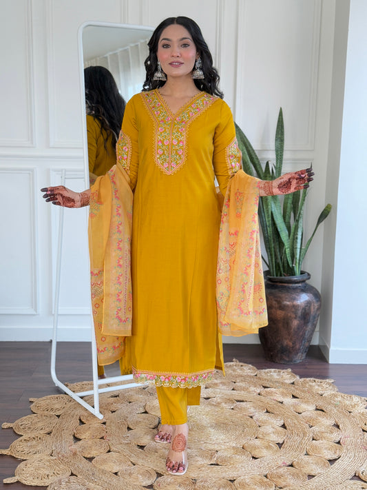 Women's BSY Viscose Embroidered Straight Kurta with BSY Viscose Pant And Taby Printed Dupatta Sets