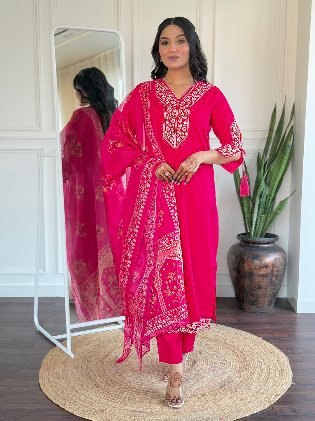 women's bsy viscose embroidered straight kurta with bsy viscose pant and taby printed dupatta sets