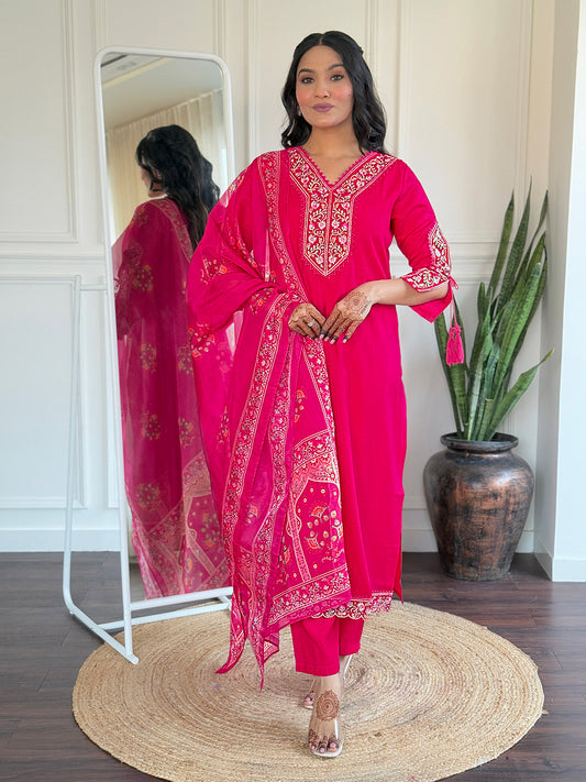 Women's BSY Viscose Embroidered Straight Kurta with BSY Viscose Pant And Taby Printed Dupatta Sets