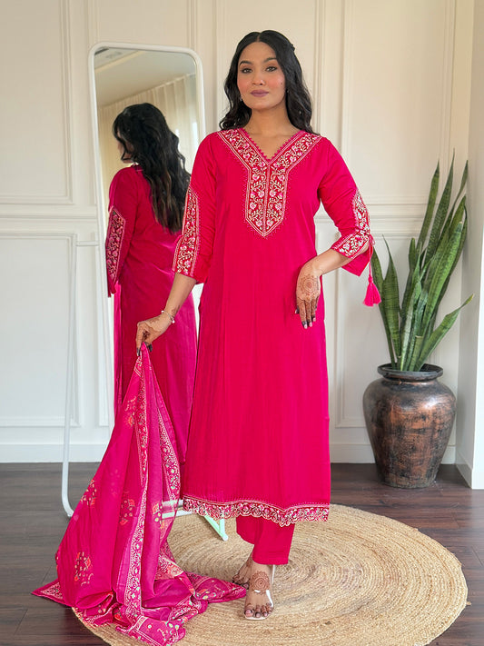 Women's BSY Viscose Embroidered Straight Kurta with BSY Viscose Pant And Taby Printed Dupatta Sets
