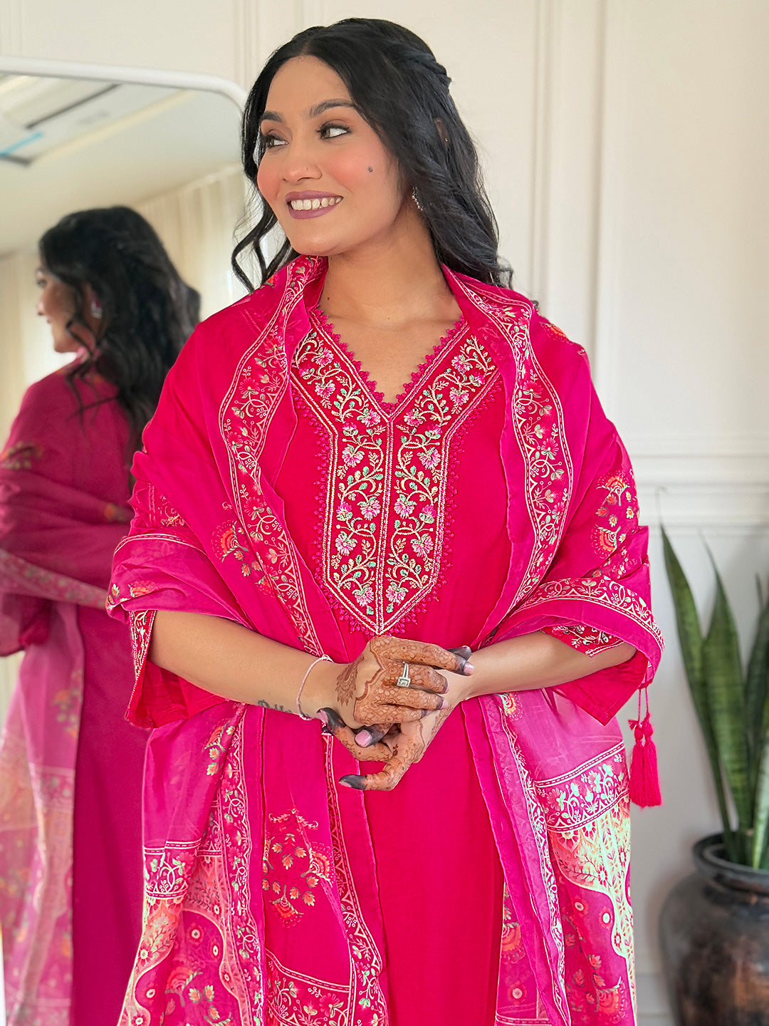 women's bsy viscose embroidered straight kurta with bsy viscose pant and taby printed dupatta sets