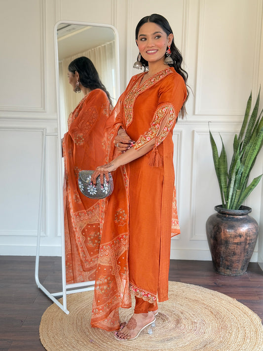 Women's BSY Viscose Embroidered Straight Kurta with BSY Viscose Pant And Taby Printed Dupatta Sets