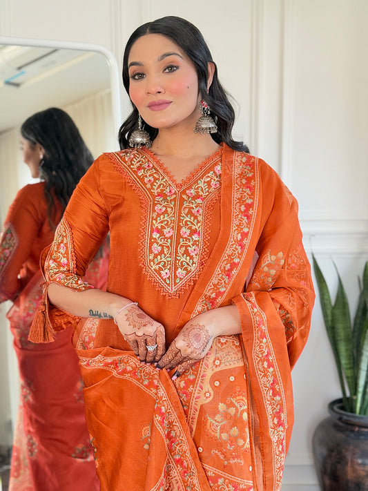 Women's BSY Viscose Embroidered Straight Kurta with BSY Viscose Pant And Taby Printed Dupatta Sets