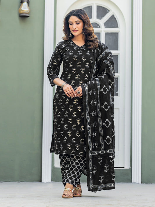 Elegant Black Printed Kurta Set with Coordinated Dupatta