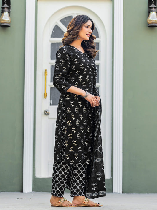 Elegant Black Printed Kurta Set with Coordinated Dupatta