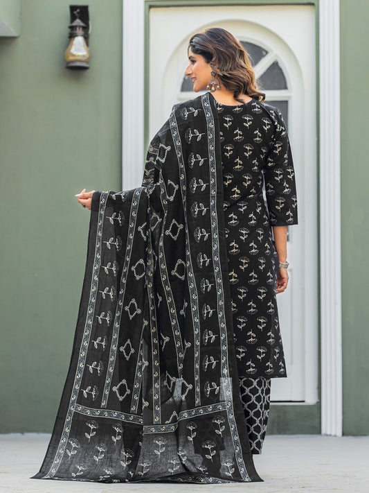 Elegant Black Printed Kurta Set with Coordinated Dupatta