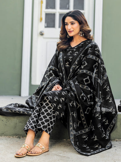 Elegant Black Printed Kurta Set with Coordinated Dupatta