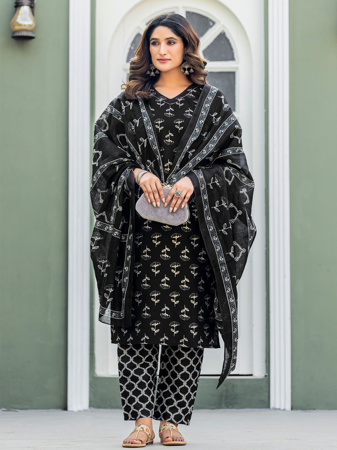 elegant black printed kurta set with coordinated dupatta