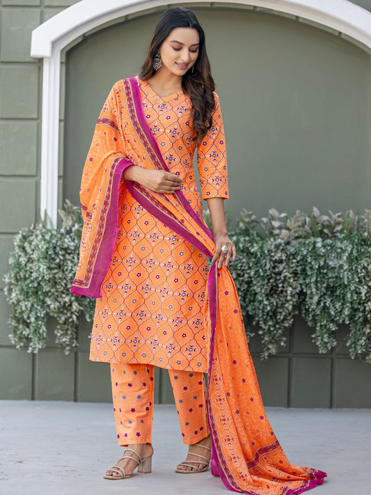 Elegant Coral Printed Kurta Set with Coordinated Dupatta