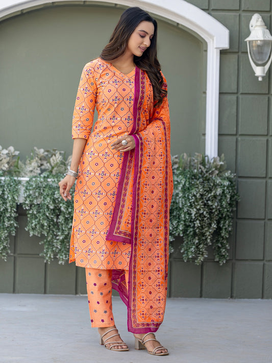Elegant Coral Printed Kurta Set with Coordinated Dupatta