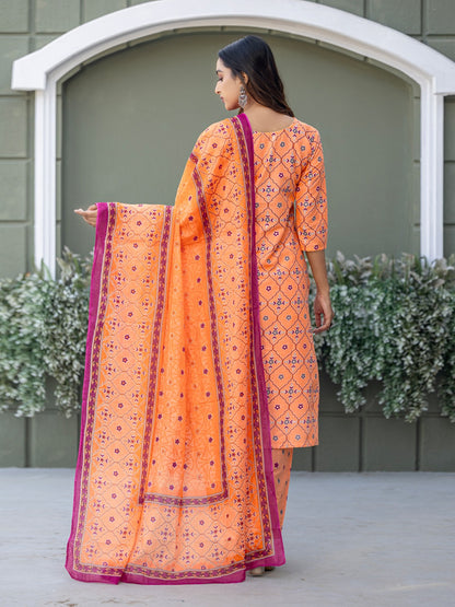 Elegant Coral Printed Kurta Set with Coordinated Dupatta